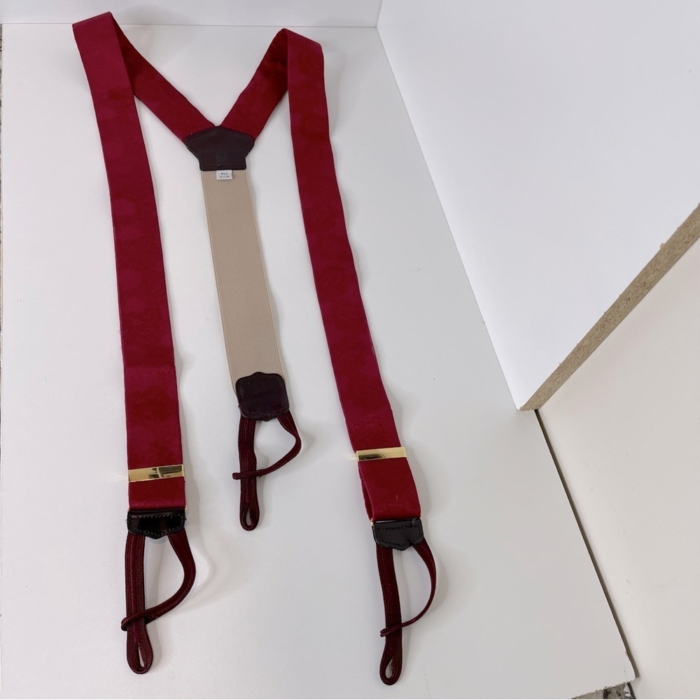 VTG Torino Silk Suspenders Men Leather Red Paisley Made in USA All Over Pattern